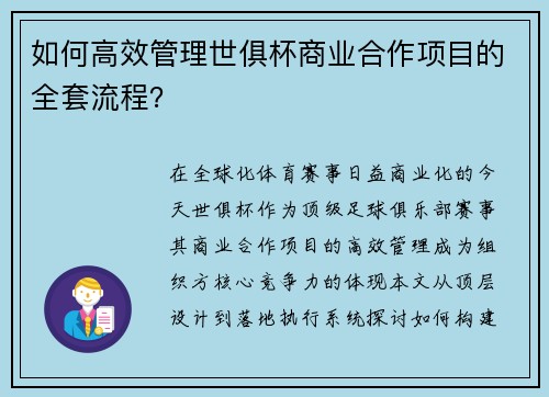 如何高效管理世俱杯商业合作项目的全套流程？