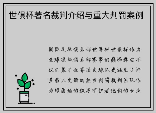 世俱杯著名裁判介绍与重大判罚案例
